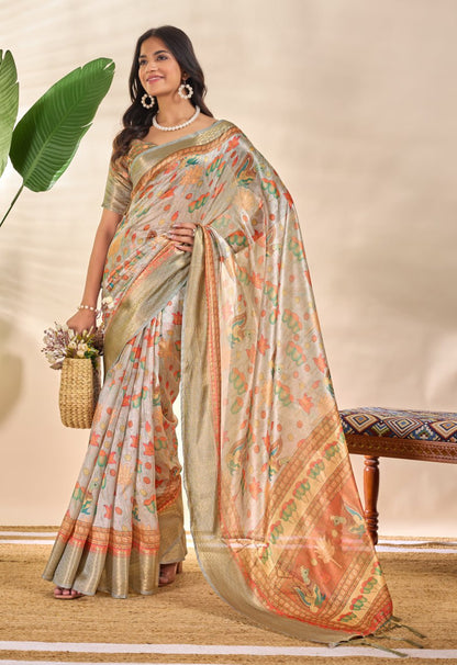Royal Soft Silk Saree with Zari Border & Lotus Peacock Print