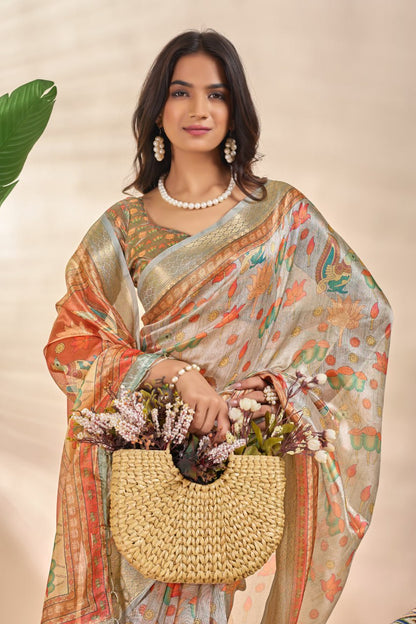 Royal Soft Silk Saree with Zari Border & Lotus Peacock Print