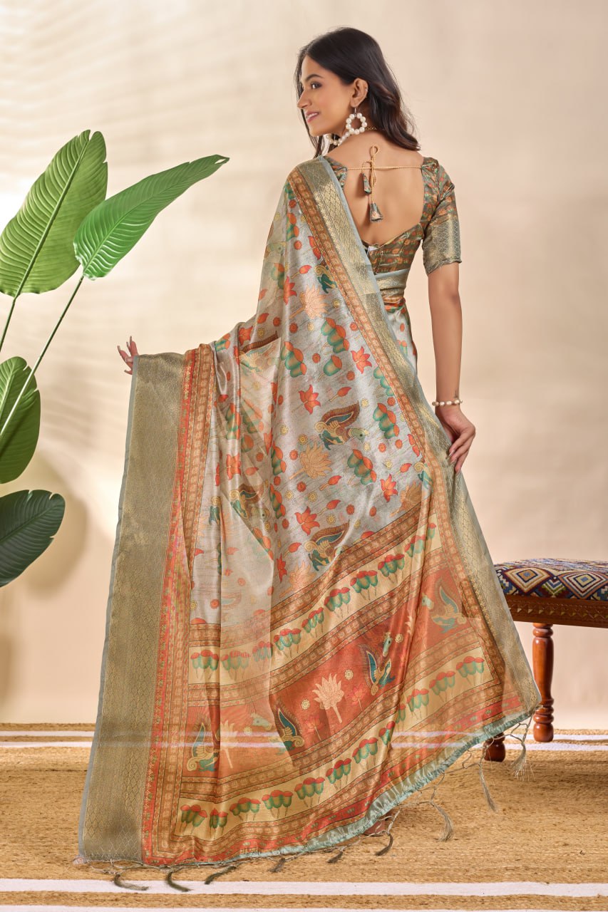 Royal Soft Silk Saree with Zari Border & Lotus Peacock Print