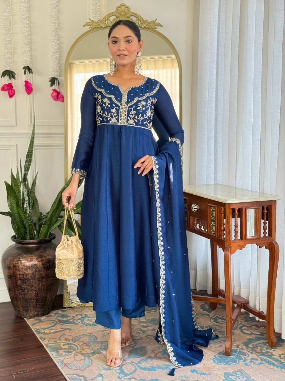 Royal Blue Embroidered Flared Suit Set