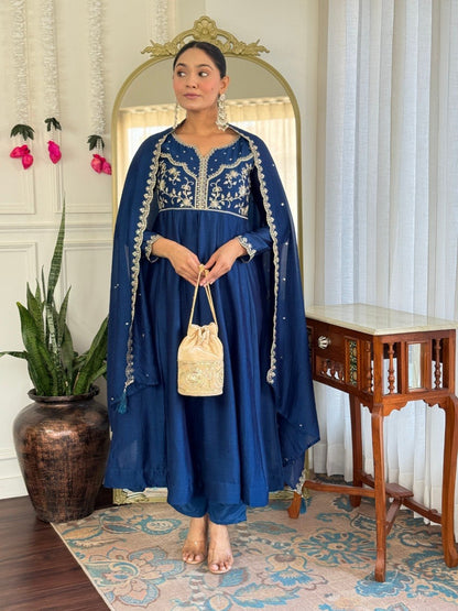 Royal Blue Embroidered Flared Suit Set