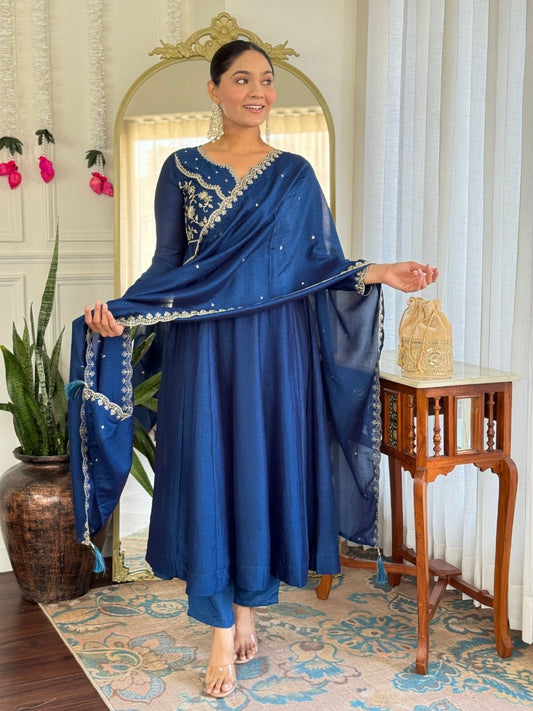 Royal Blue Embroidered Flared Suit Set