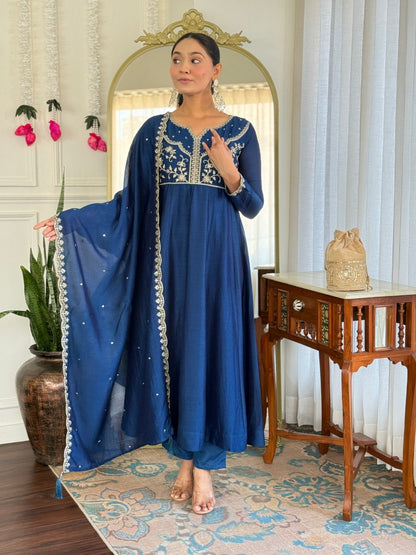 Royal Blue Embroidered Flared Suit Set