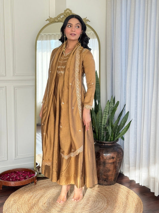 Golden Bronze Embroidered Flared Anarkali Suit Set