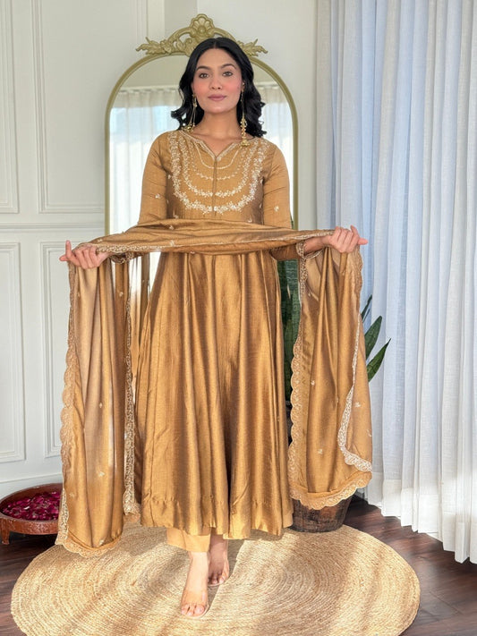 Golden Bronze Embroidered Flared Anarkali Suit Set