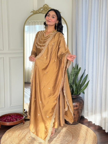 Golden Bronze Embroidered Flared Anarkali Suit Set