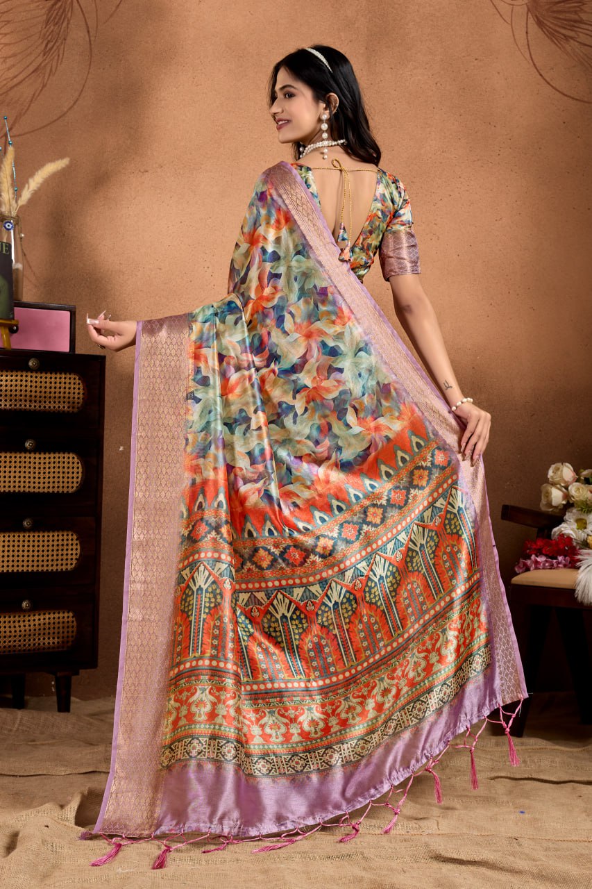 Multicolor Soft Silk Saree with Ethnic Motif Pallu & Zari Border