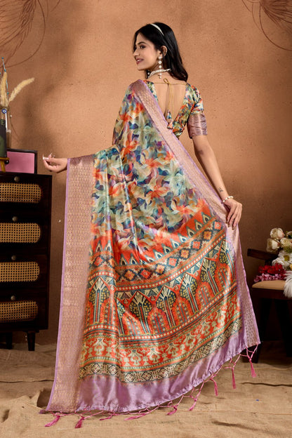Multicolor Soft Silk Saree with Ethnic Motif Pallu & Zari Border