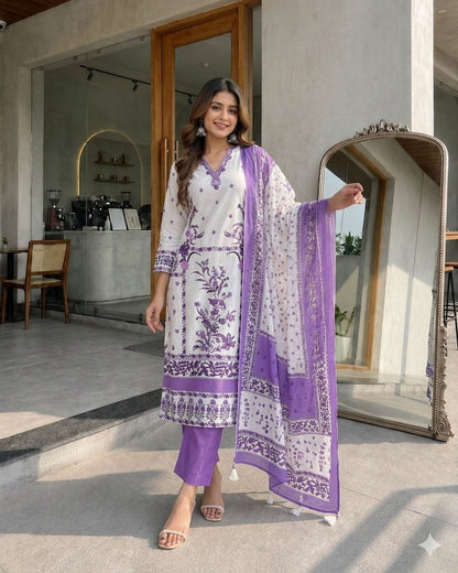 Radiant White & Lavender Floral Printed Cotton stitched Dress Material with Dupatta