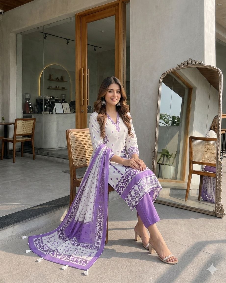 Radiant White & Lavender Floral Printed Cotton stitched Dress Material with Dupatta