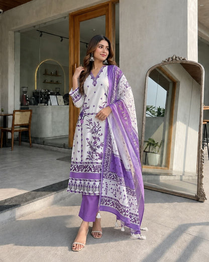 Radiant White & Lavender Floral Printed Cotton stitched Dress Material with Dupatta