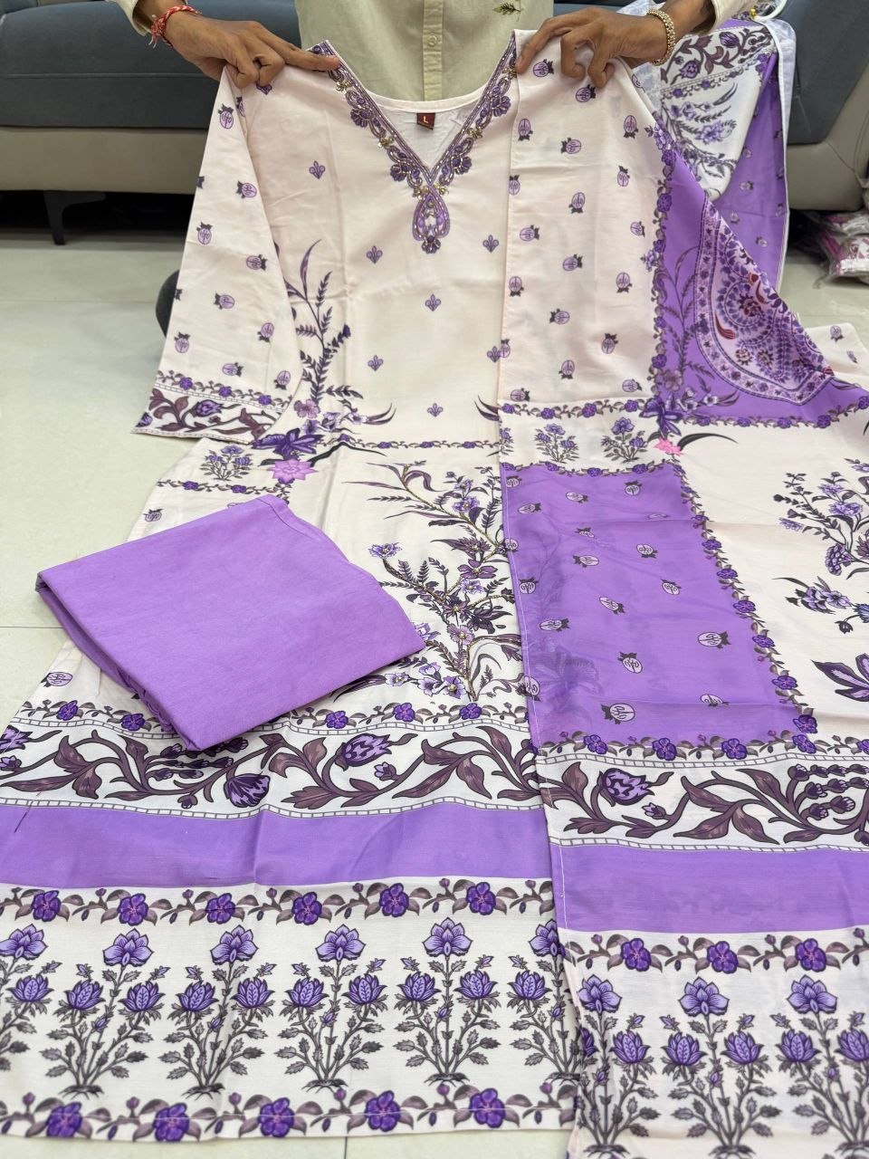 Radiant White & Lavender Floral Printed Cotton stitched Dress Material with Dupatta