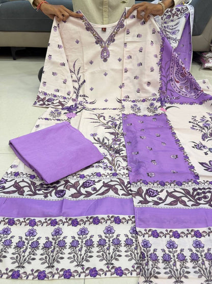 Radiant White & Lavender Floral Printed Cotton stitched Dress Material with Dupatta