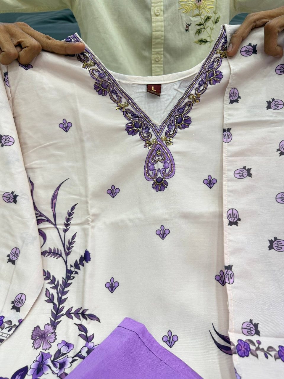 Radiant White & Lavender Floral Printed Cotton stitched Dress Material with Dupatta