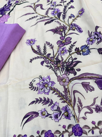 Radiant White & Lavender Floral Printed Cotton stitched Dress Material with Dupatta