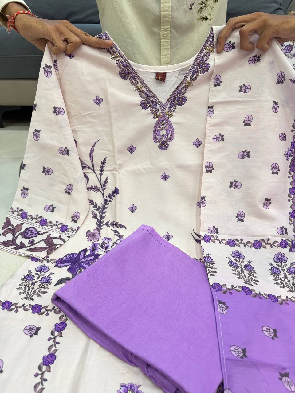Radiant White & Lavender Floral Printed Cotton stitched Dress Material with Dupatta