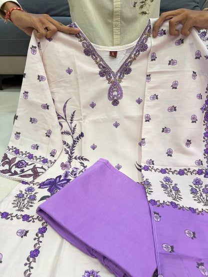 Radiant White & Lavender Floral Printed Cotton stitched Dress Material with Dupatta