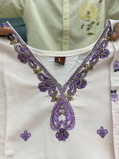 Radiant White & Lavender Floral Printed Cotton stitched Dress Material with Dupatta