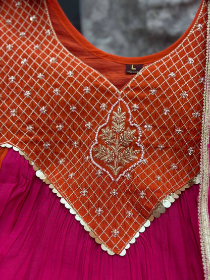 Vibrant Pink Orange Embroidered Anarkali Suit Set