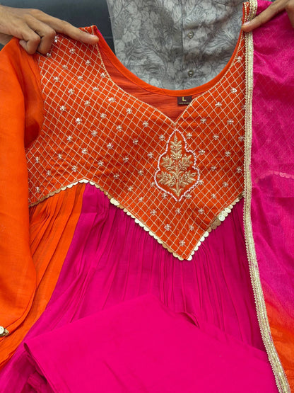 Vibrant Pink Orange Embroidered Anarkali Suit Set