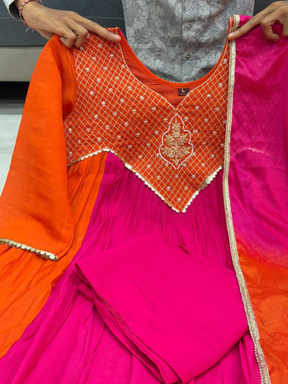 Vibrant Pink Orange Embroidered Anarkali Suit Set