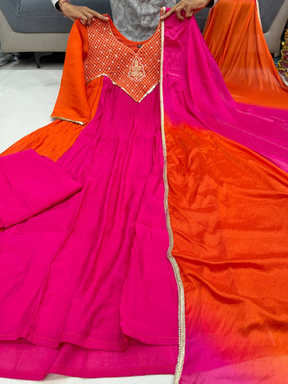 Vibrant Pink Orange Embroidered Anarkali Suit Set