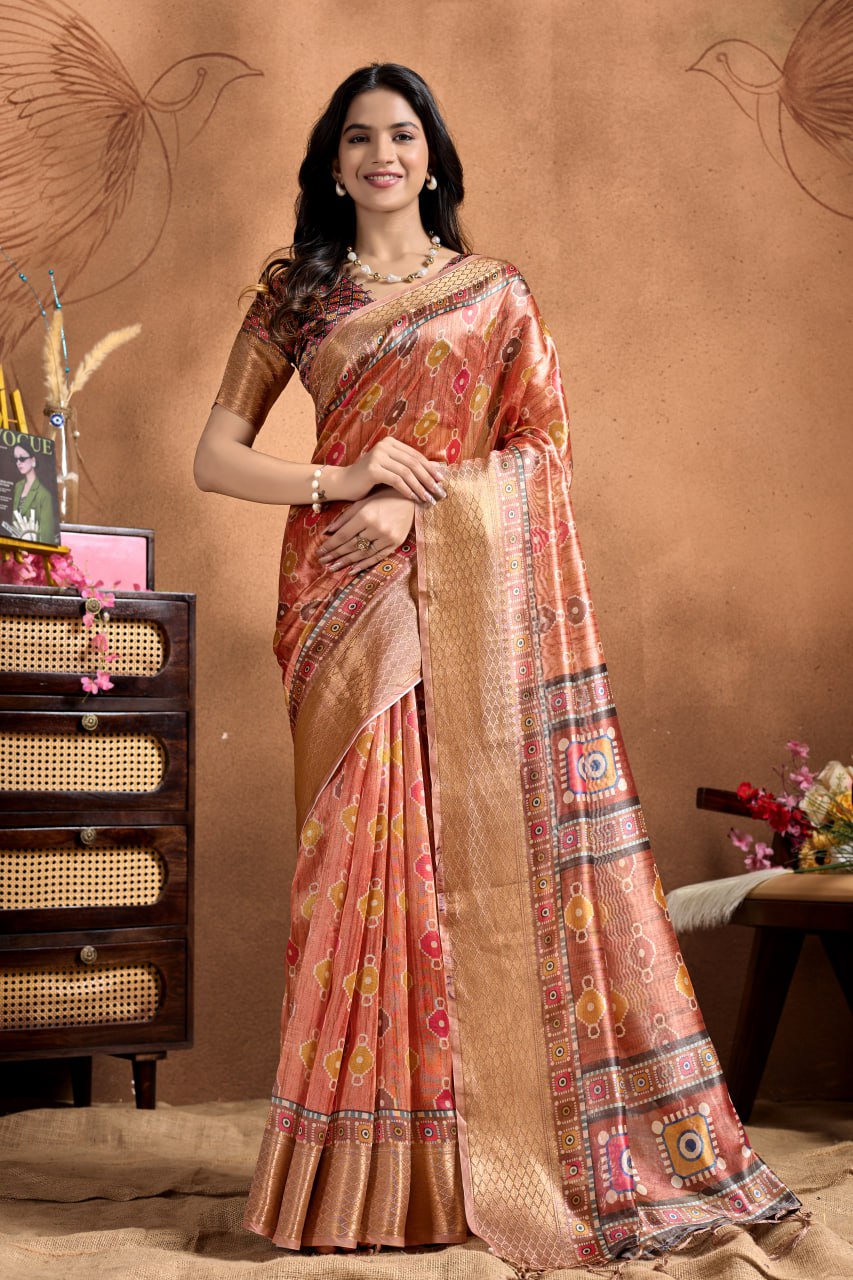 Fancy Copper-Rose Soft Silk Saree with Geometric Patola-Inspired Pallu & Zari Border
