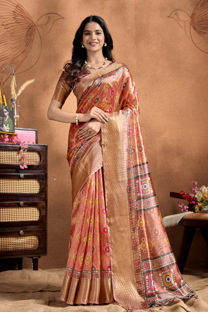Fancy Copper-Rose Soft Silk Saree with Geometric Patola-Inspired Pallu & Zari Border