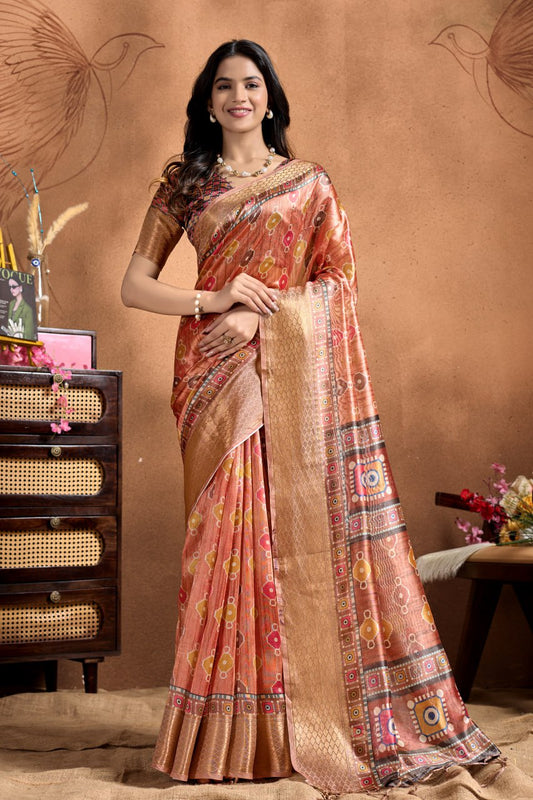 Fancy Copper-Rose Soft Silk Saree with Geometric Patola-Inspired Pallu & Zari Border
