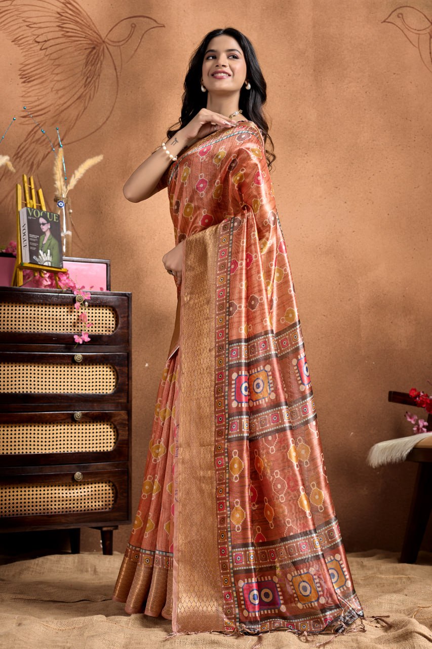 Fancy Copper-Rose Soft Silk Saree with Geometric Patola-Inspired Pallu & Zari Border