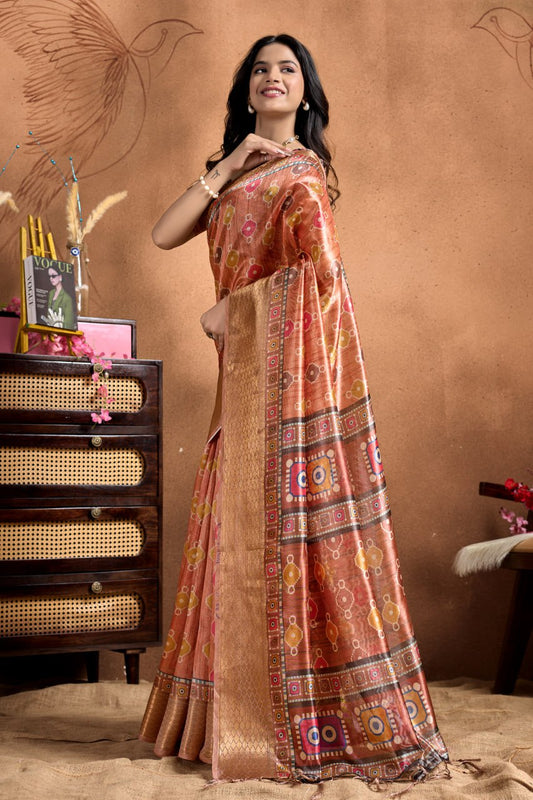 Fancy Copper-Rose Soft Silk Saree with Geometric Patola-Inspired Pallu & Zari Border