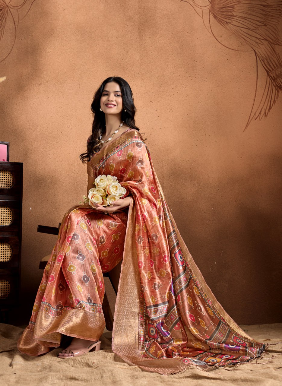 Fancy Copper-Rose Soft Silk Saree with Geometric Patola-Inspired Pallu & Zari Border