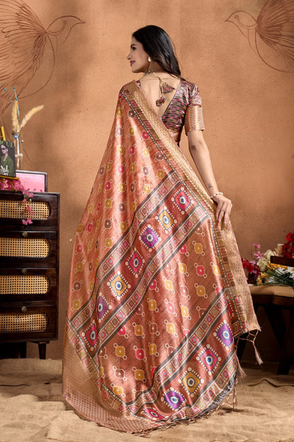 Fancy Copper-Rose Soft Silk Saree with Geometric Patola-Inspired Pallu & Zari Border