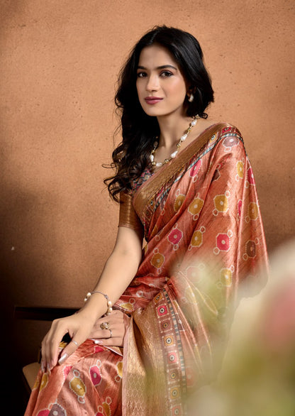 Fancy Copper-Rose Soft Silk Saree with Geometric Patola-Inspired Pallu & Zari Border