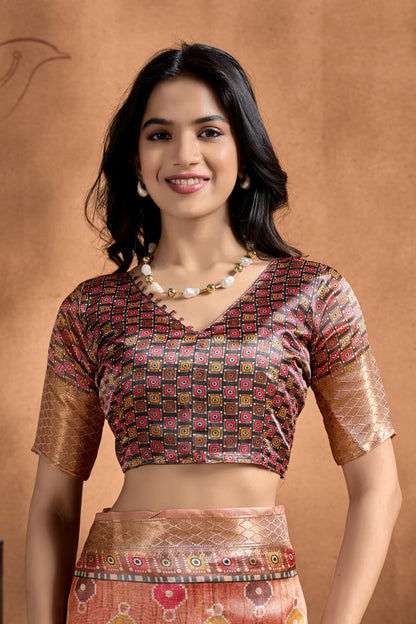 Fancy Copper-Rose Soft Silk Saree with Geometric Patola-Inspired Pallu & Zari Border
