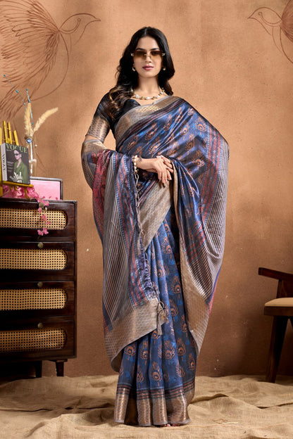 Traditional Peacock Motif Soft Silk Saree with Antique Zari Border