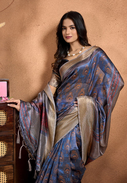 Traditional Peacock Motif Soft Silk Saree with Antique Zari Border