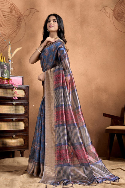 Traditional Peacock Motif Soft Silk Saree with Antique Zari Border