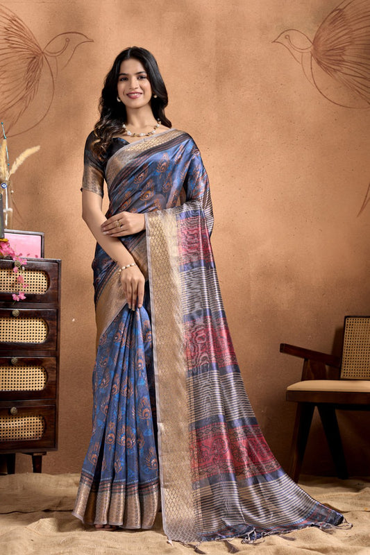 Traditional Peacock Motif Soft Silk Saree with Antique Zari Border