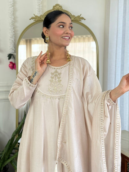 Soft Cream Embroidered Anarkali Dupatta Set
