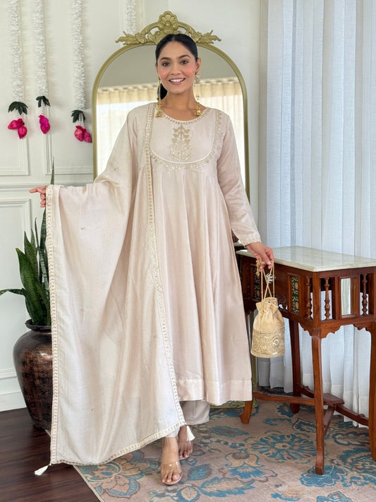 Soft Cream Embroidered Anarkali Dupatta Set