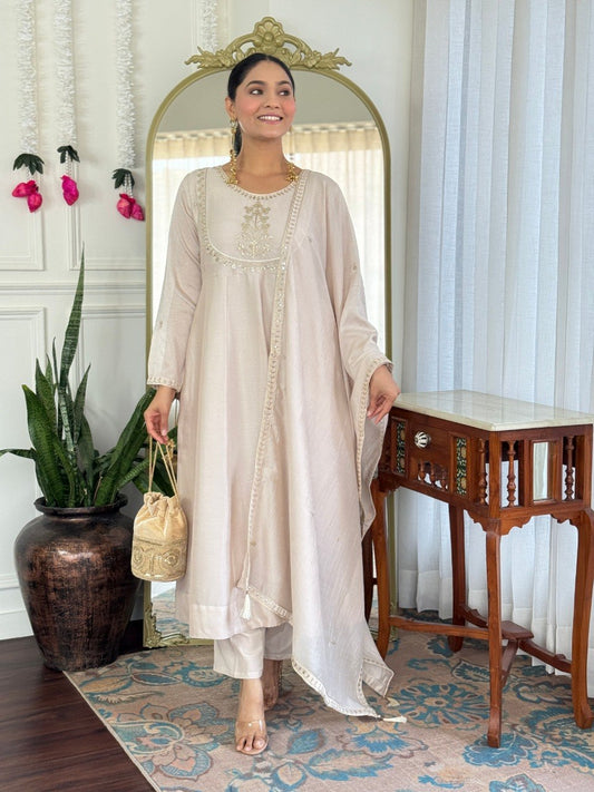Soft Cream Embroidered Anarkali Dupatta Set
