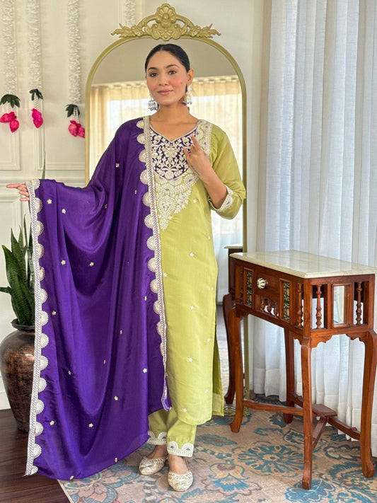 Lime Green Purple Embroidered Suit Set
