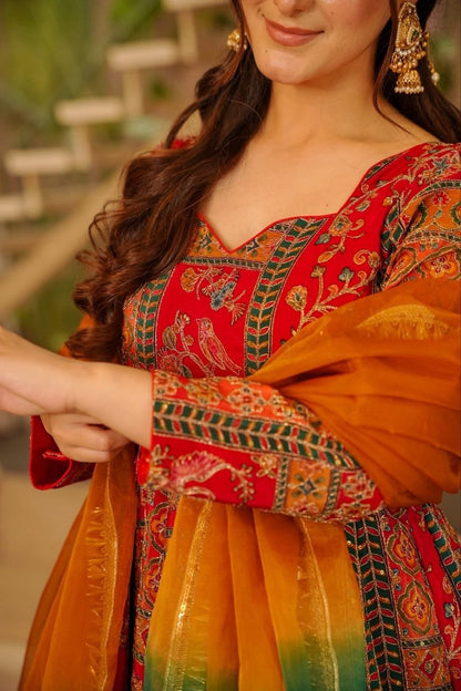 Royal Crimson Heritage Printed Anarkali Suit Set with Ombre Dupatta