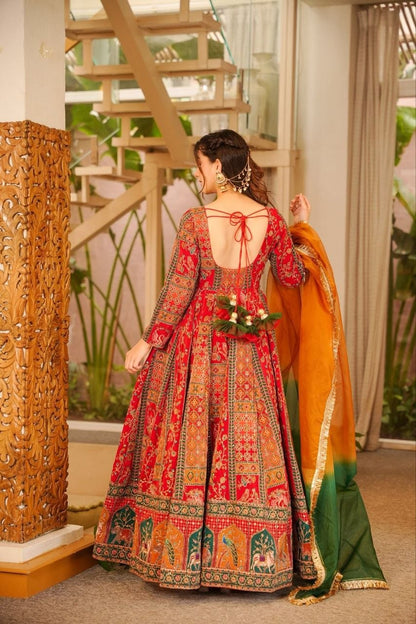 Royal Crimson Heritage Printed Anarkali Suit Set with Ombre Dupatta