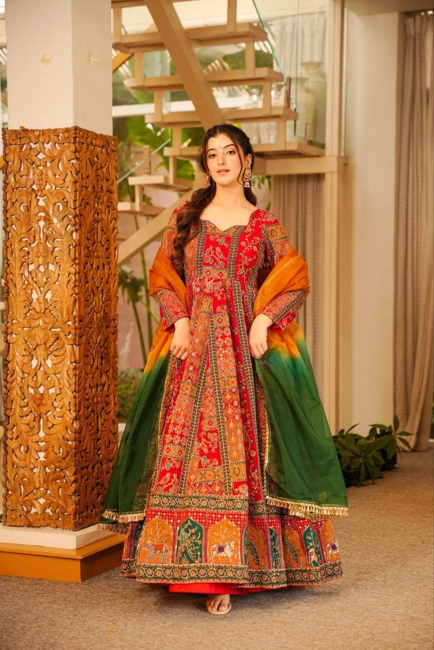 Royal Crimson Heritage Printed Anarkali Suit Set with Ombre Dupatta