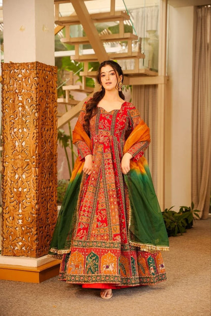 Royal Crimson Heritage Printed Anarkali Suit Set with Ombre Dupatta
