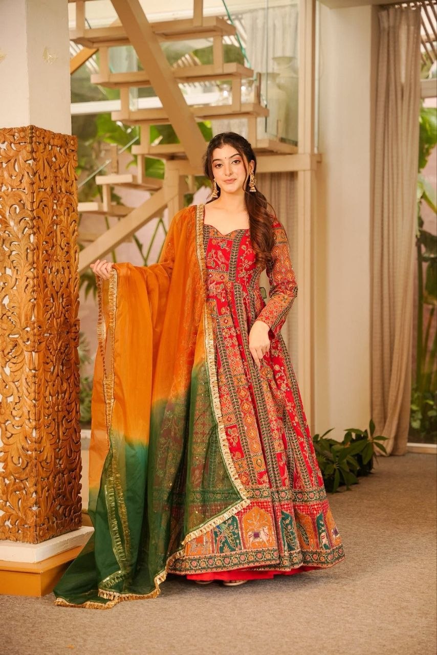 Royal Crimson Heritage Printed Anarkali Suit Set with Ombre Dupatta