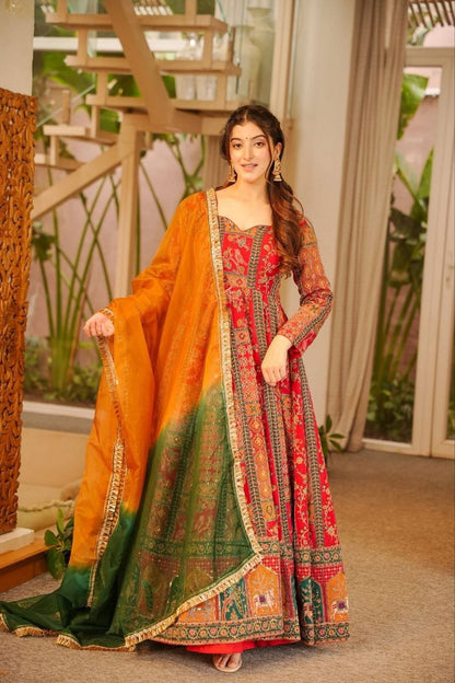 Royal Crimson Heritage Printed Anarkali Suit Set with Ombre Dupatta