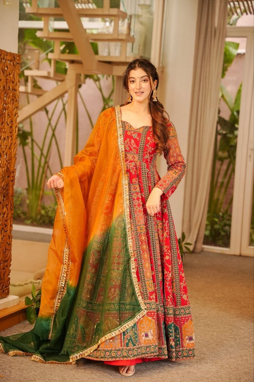 Royal Crimson Heritage Printed Anarkali Suit Set with Ombre Dupatta